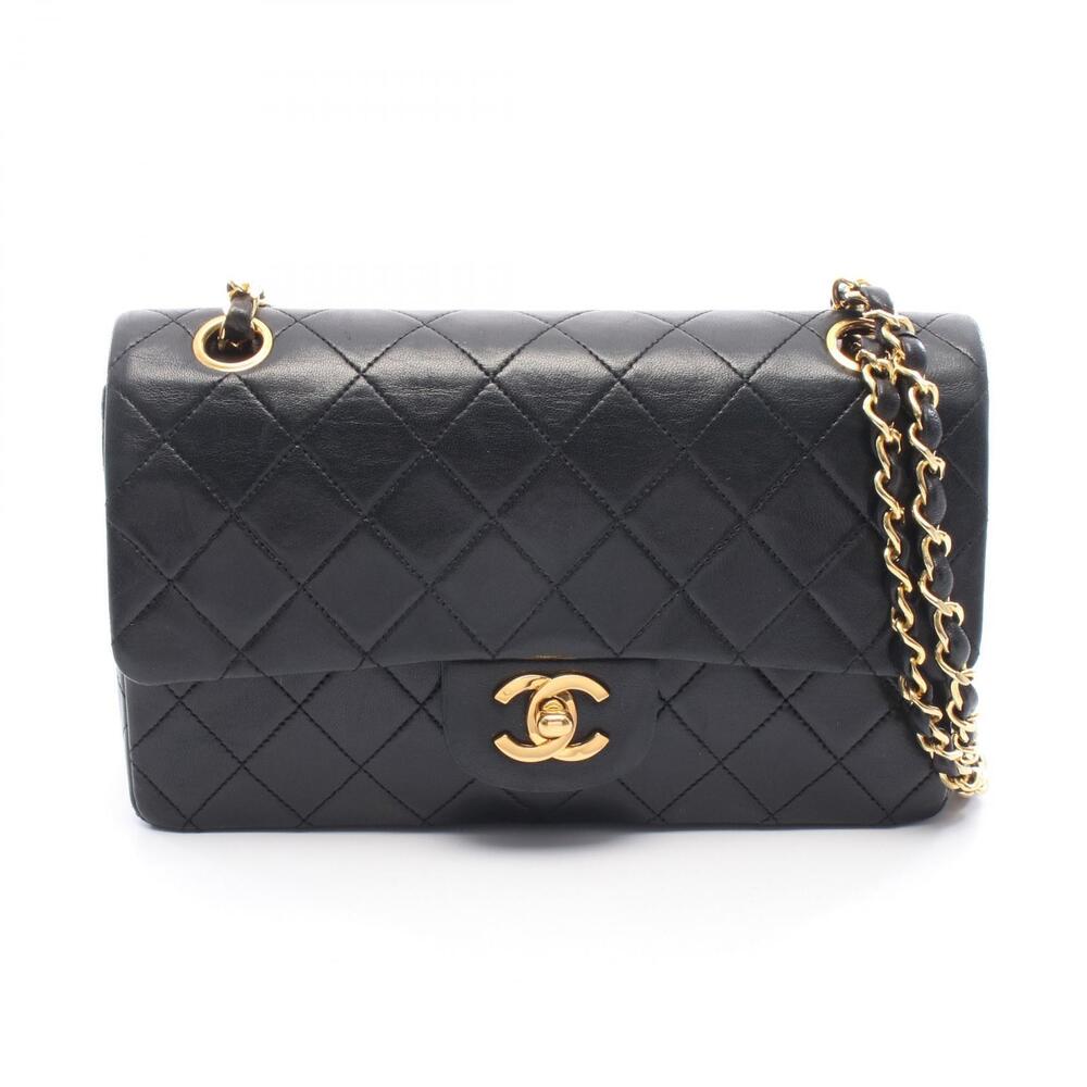 Chanel Matelasse Double Flap Shoulder Bag Lambskin Sheepskin Black